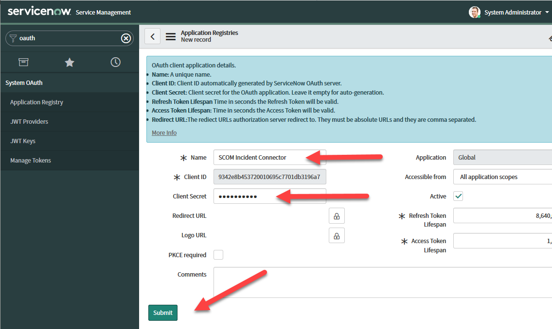 Create a ServiceNow API Client ID and Client Secret for the